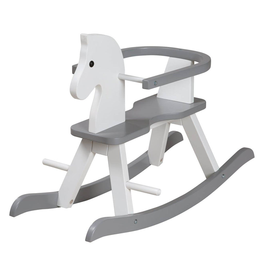 Cheval à bascule en bois avec anneau de protection blanc et gris