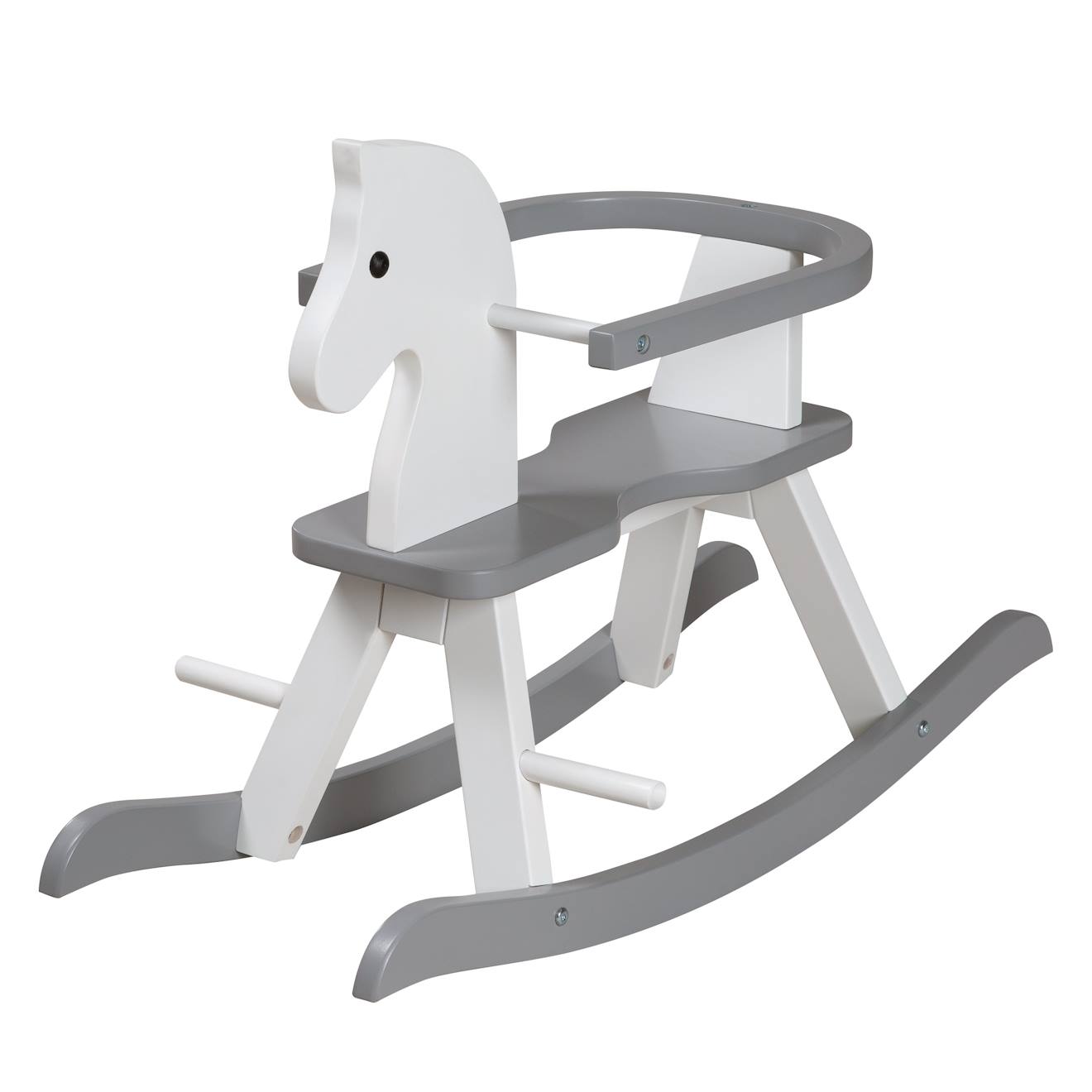 Cheval à bascule en bois avec anneau de protection blanc et gris