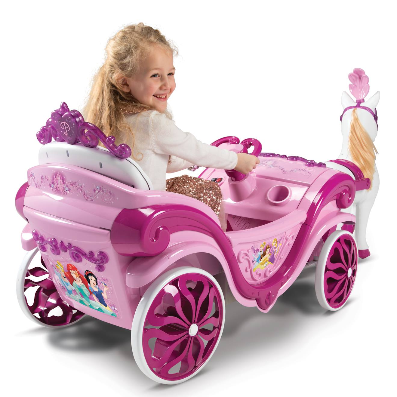 Cheval et charrette électrique Disney Princess rose