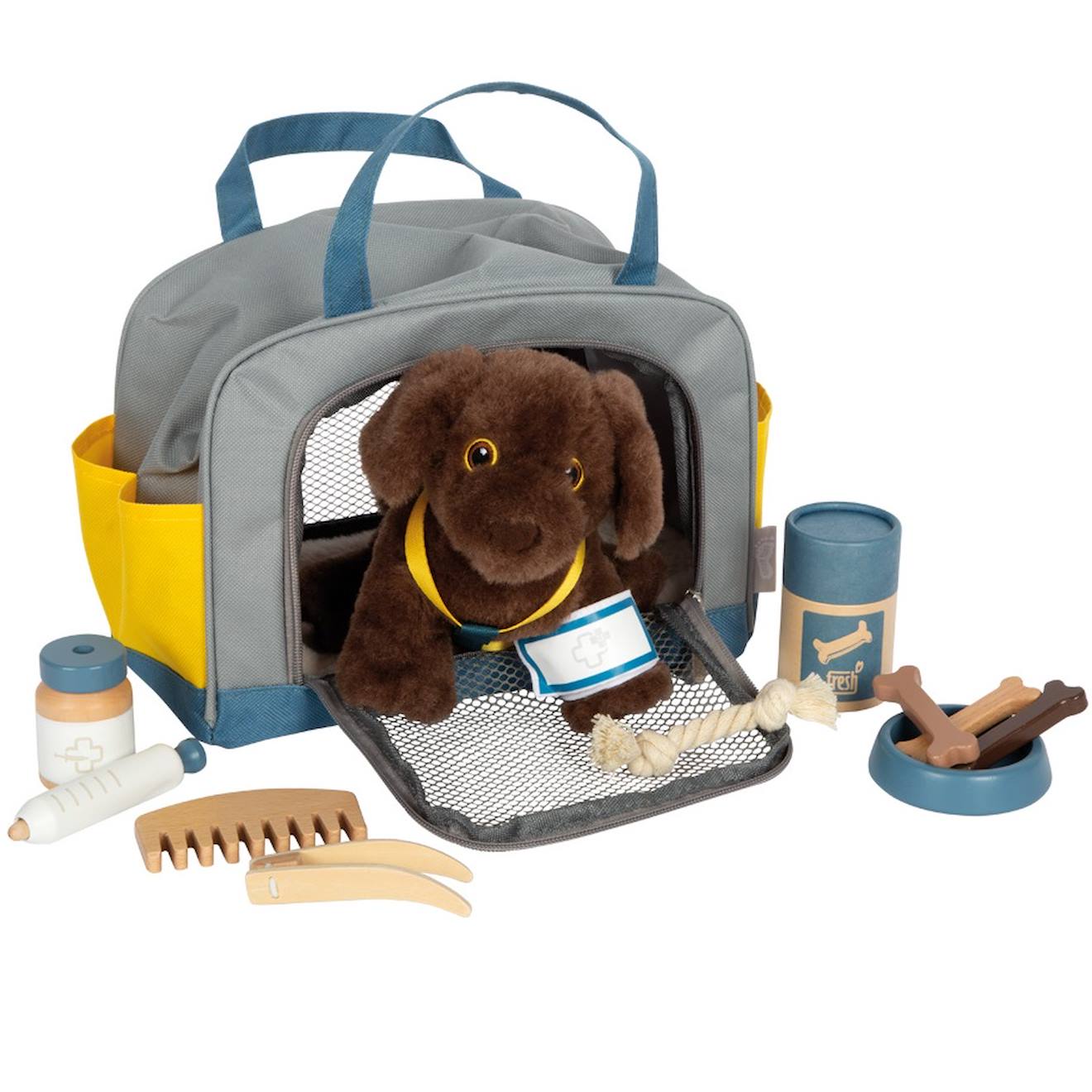 Chien avec sac et kit de soins gris