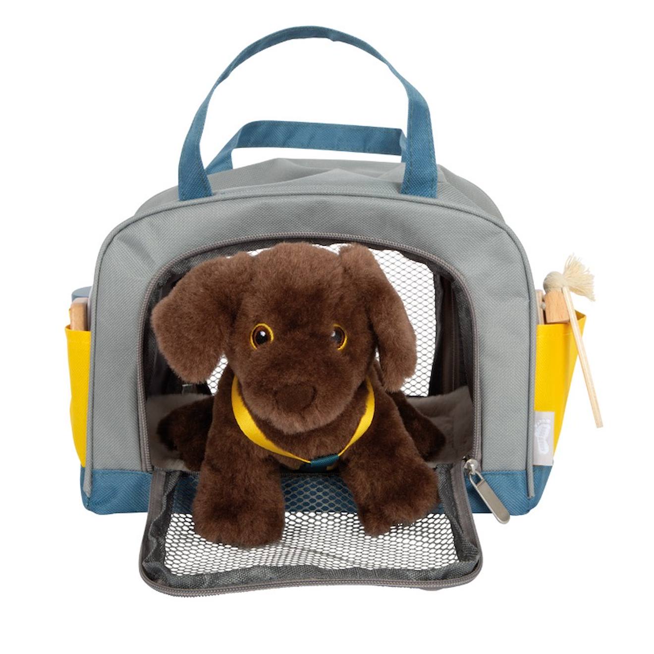 Chien avec sac et kit de soins gris