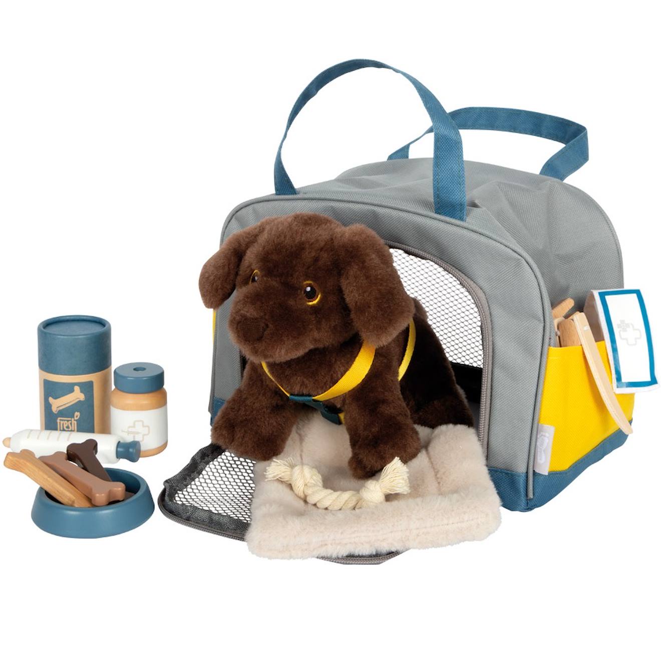 Chien avec sac et kit de soins gris