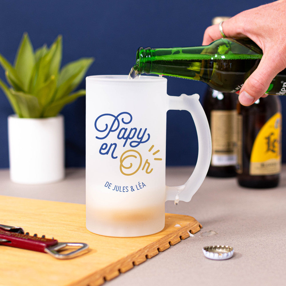 Chope à Bière Papy en Or à Personnaliser - Chope de Bière Personnalisée