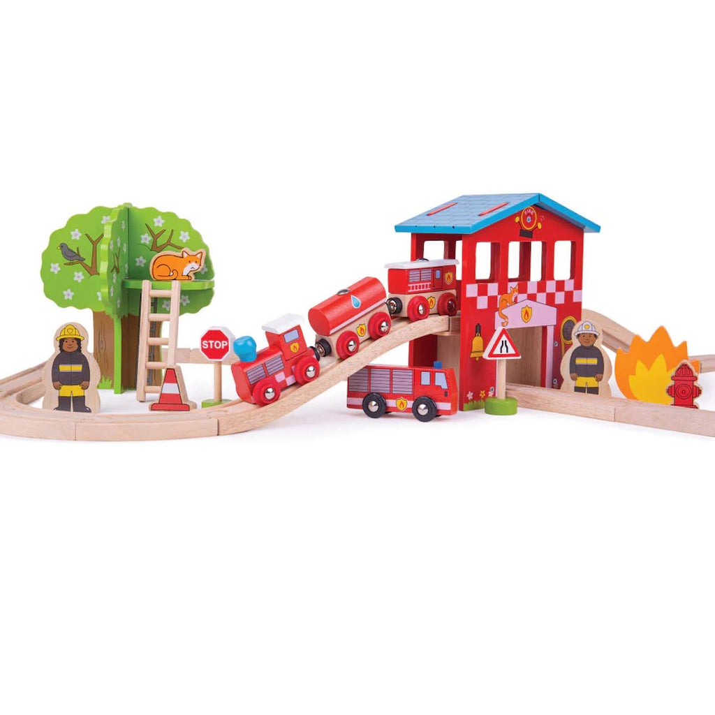 Circuit de train caserne de pompiers rouge