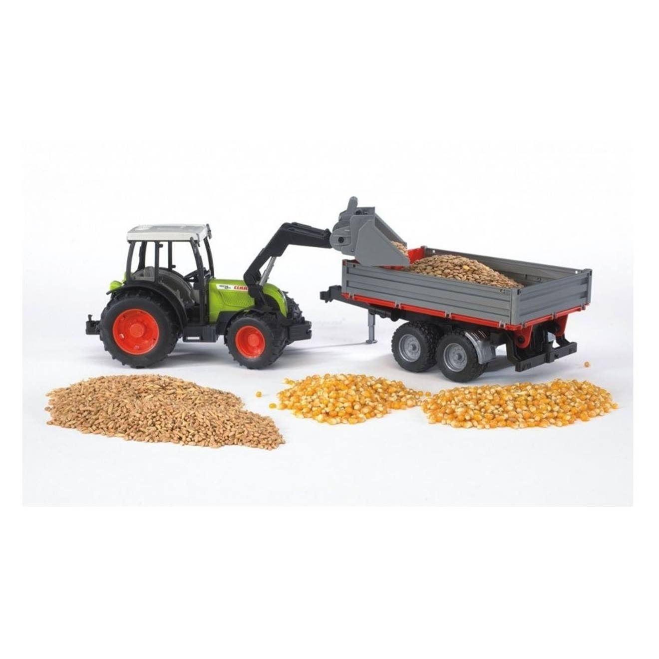 Claas nectis 267 f avec chargeur frontal et remorque à plate-forme multicolore