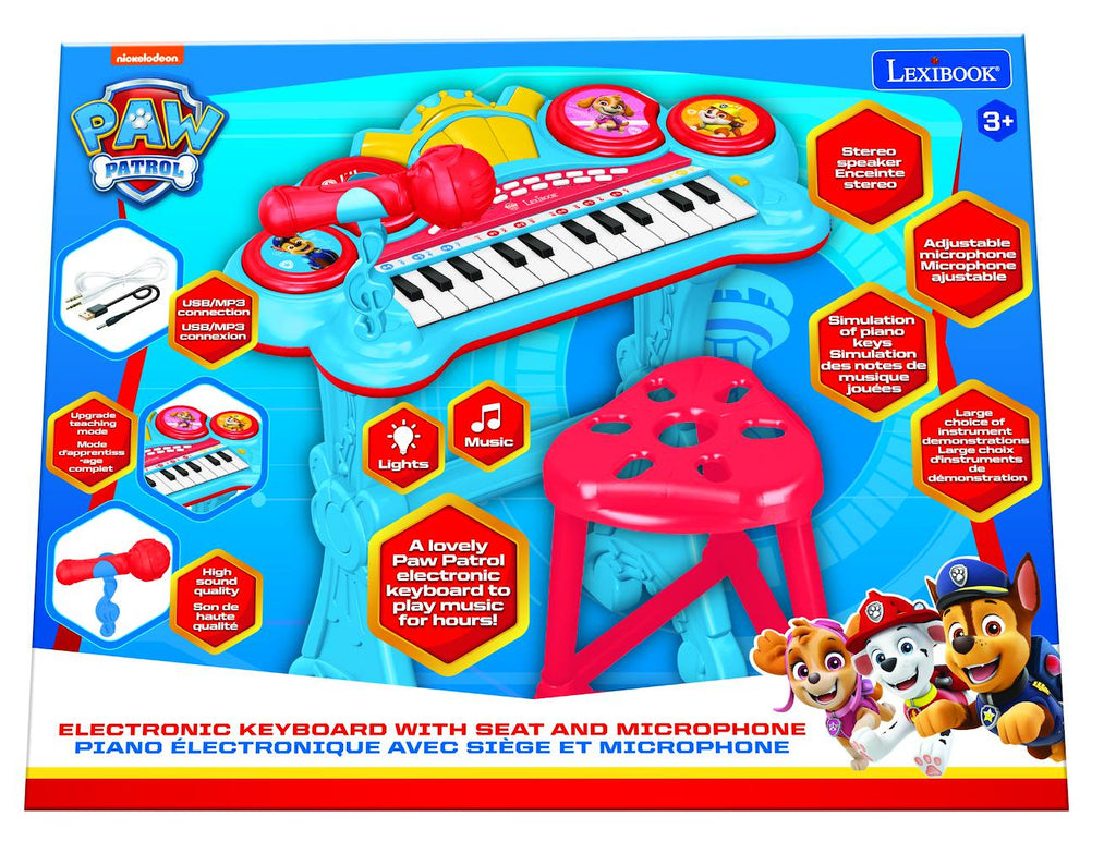 Clavier électronique Pat'Patrouille avec siège et micro, lecteur MP3 bleu