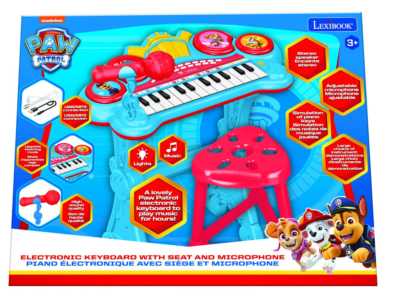 Clavier électronique Pat'Patrouille avec siège et micro, lecteur MP3 bleu