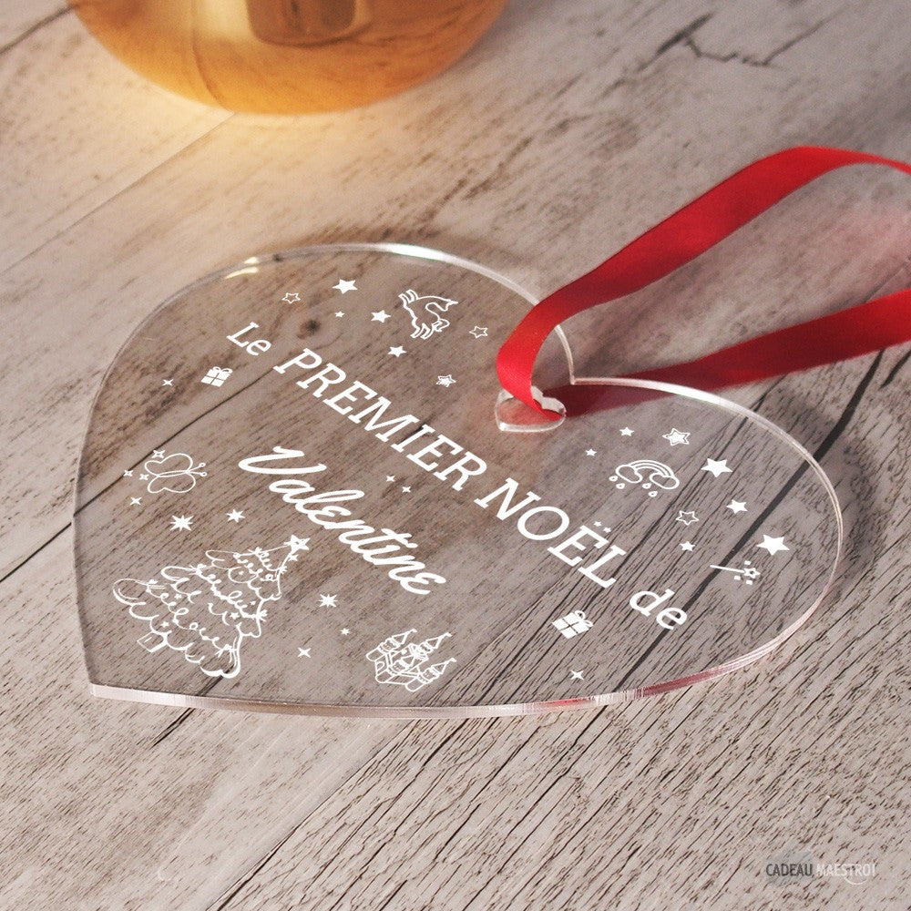 Coeur à Suspendre 1er Noël -Fée et Licorne- à Personnaliser - Cœur Gravé