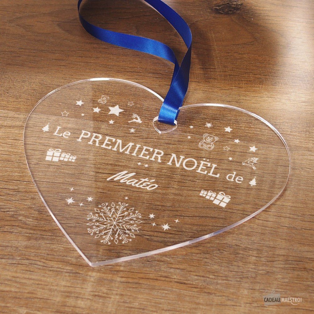 Coeur à Suspendre 1er Noël -Ourson et Cadeaux- à Personnaliser - Cœur Gravé