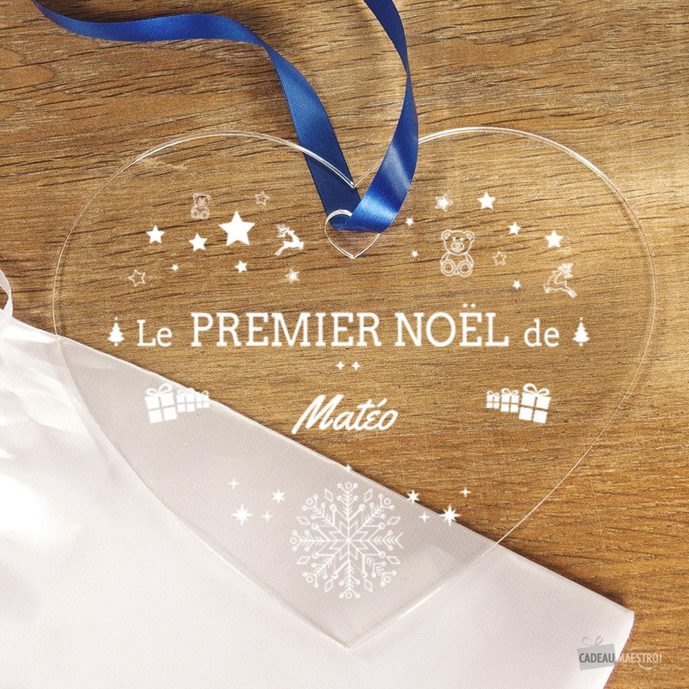 Coeur à Suspendre 1er Noël -Ourson et Cadeaux- à Personnaliser - Cœur Gravé CadoMaestro
