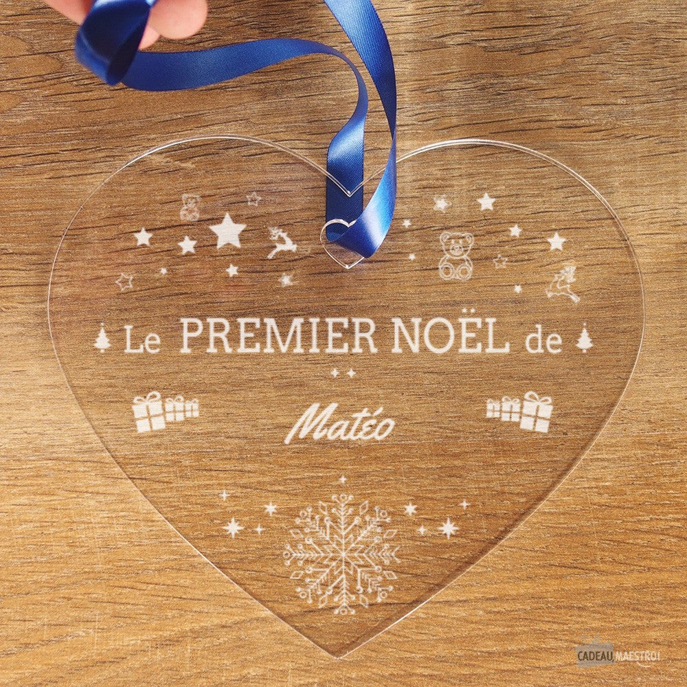 Coeur à Suspendre 1er Noël -Ourson et Cadeaux- à Personnaliser - Cœur Gravé CadoMaestro