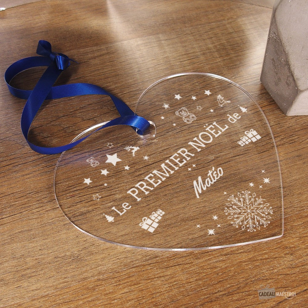 Coeur à Suspendre 1er Noël -Ourson et Cadeaux- à Personnaliser - Cœur Gravé CadoMaestro