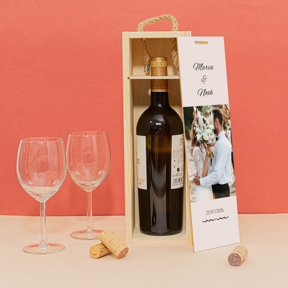 Coffret en Bois avec Bouteille Mariage à Personnaliser Bordeaux Baron de Luze Blanc - Coffret de Vin Personnalisé