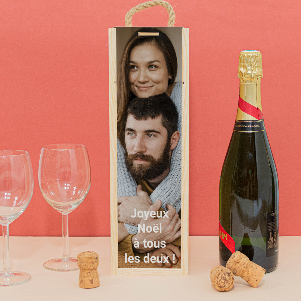 Coffret en Bois avec Bouteille Photo à Personnaliser Bordeaux Baron de Luze Blanc - Coffret de Vin Personnalisé