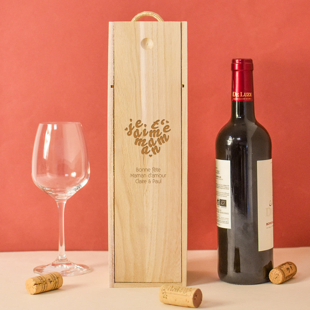 Coffret en Bois avec Bouteille de Vin Je t'aime Maman à Personnaliser Saint-Emilion AOP Rouge - Coffret de Vin Personnalisé