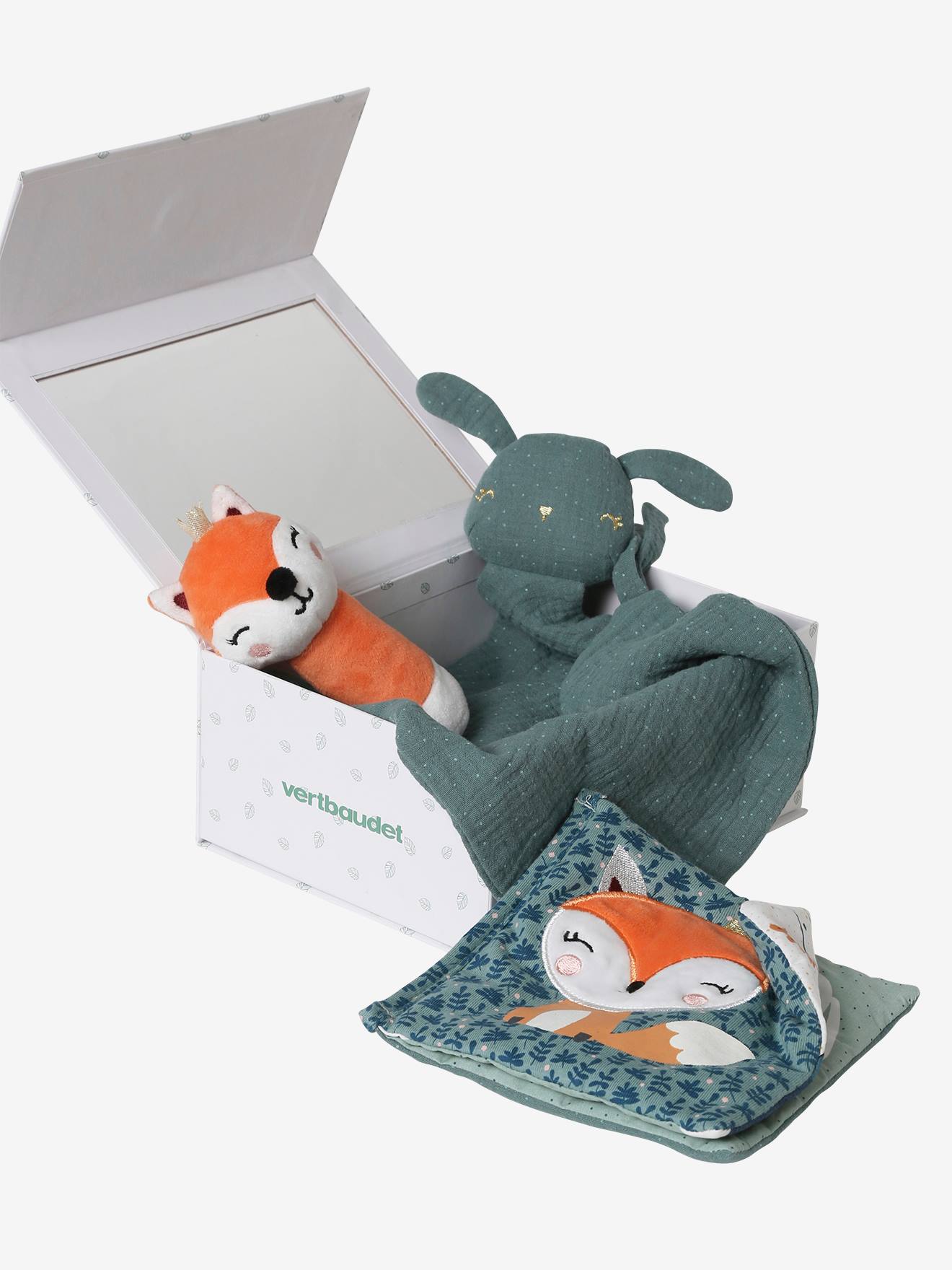 Coffret cadeau 3 pièces : doudou lange personnalisable + hochet + livré imagier forêt enchantée