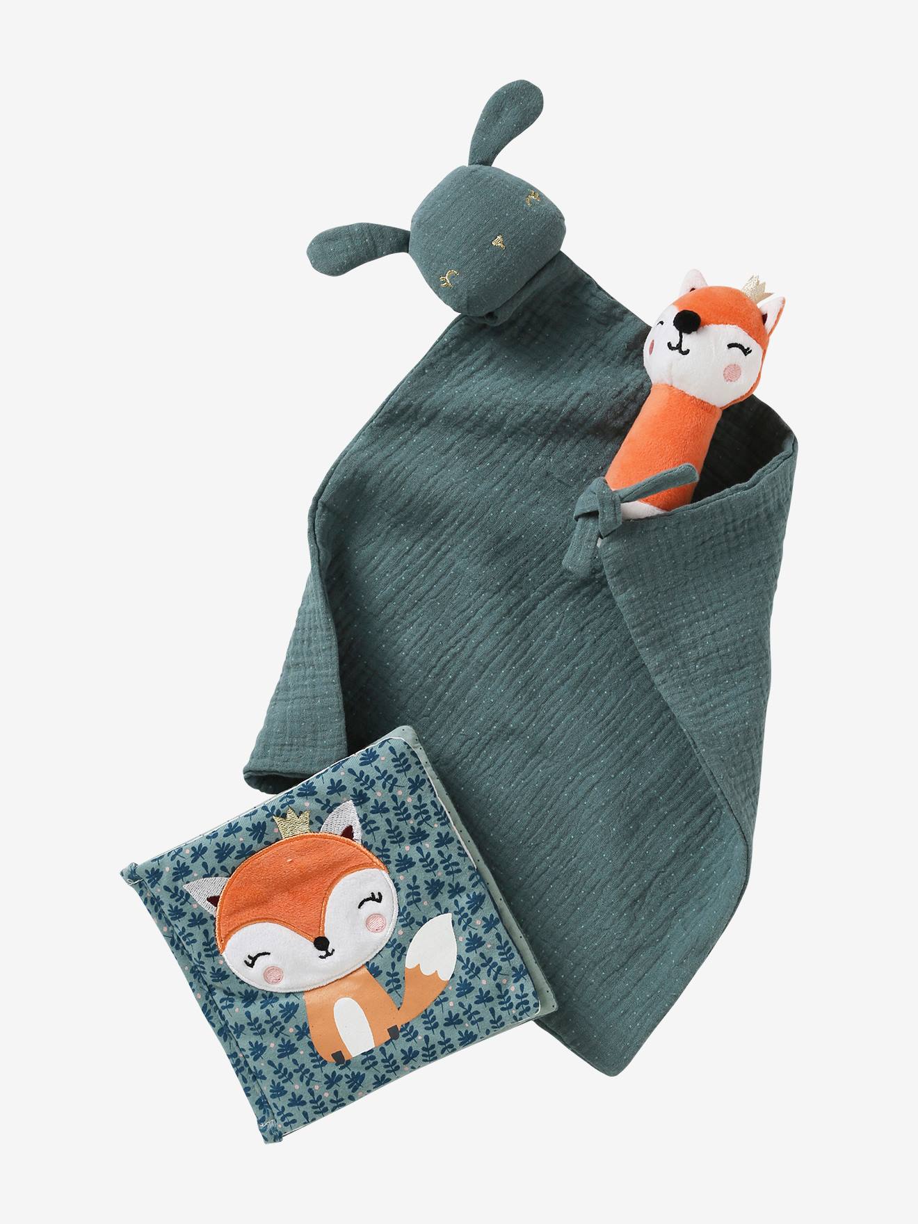 Coffret cadeau 3 pièces : doudou lange personnalisable + hochet + livré imagier forêt enchantée
