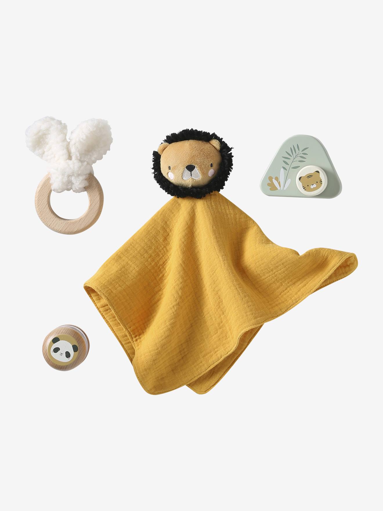 Coffret cadeau 4 pièces : doudou personnalisable + anneau de dentition + hochet + boîte à musique en bois FSC tanzanie