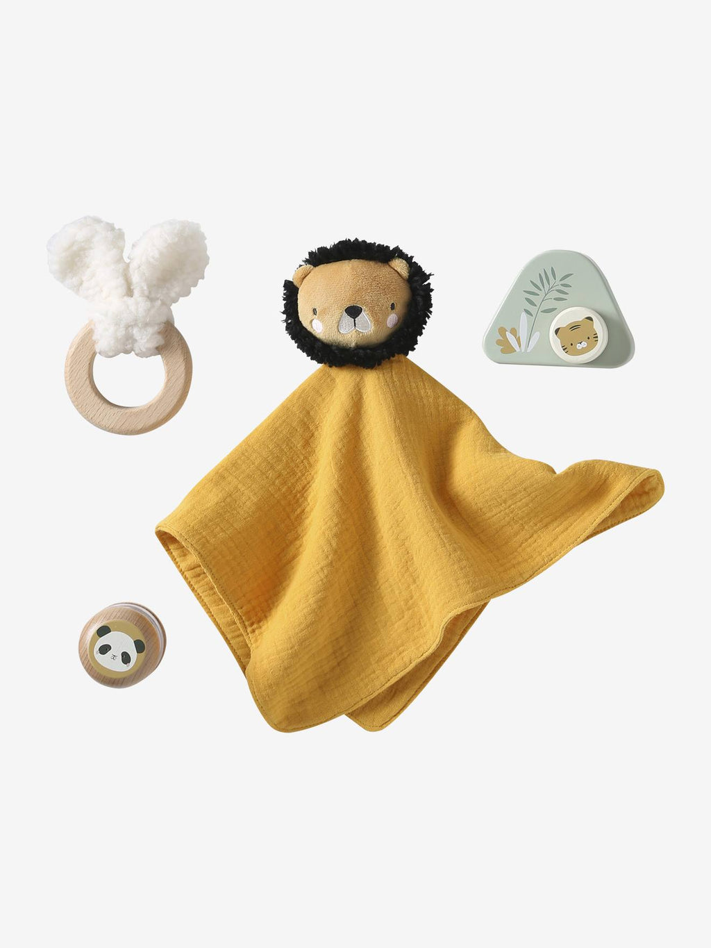 Coffret cadeau 4 pièces : doudou personnalisable + anneau de dentition + hochet + boîte à musique en bois FSC tanzanie
