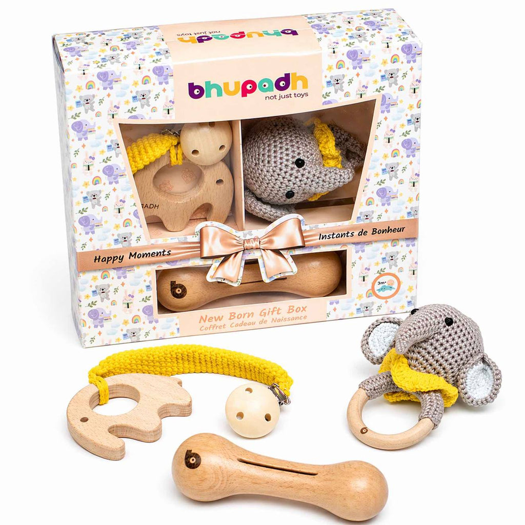 Coffret de 3 hochets en coton et bois naturel éléphant