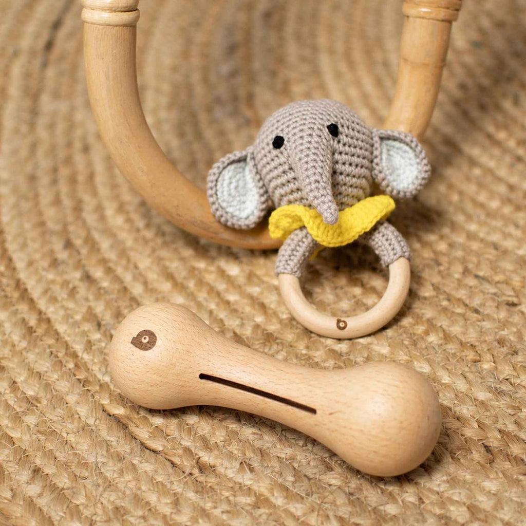 Coffret de 3 hochets en coton et bois naturel éléphant