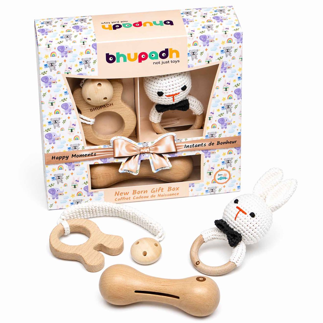 Coffret de 3 hochets en coton et bois naturel lapin
