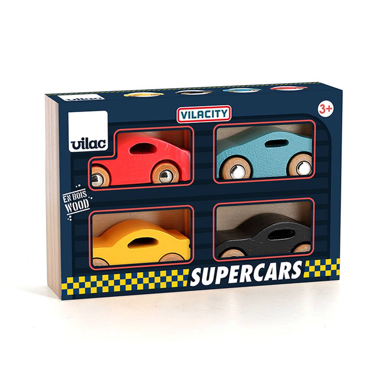 Coffret de 4 voitures en bois super Cars bleu