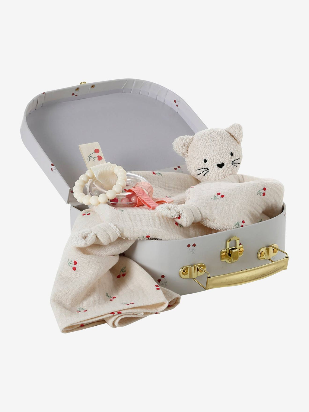 Coffret doudou personnalisable + anneaux de dentition + lange avec mallette cherry rouge