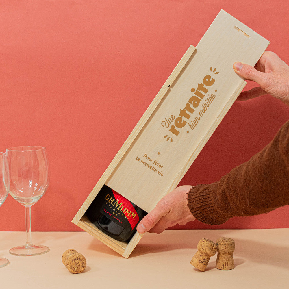 Coffret en Bois Avec Bouteille de Champagne Retraite à Personnaliser Champagne Mumm Cordon Rouge - Coffret de Vin Personnalisé