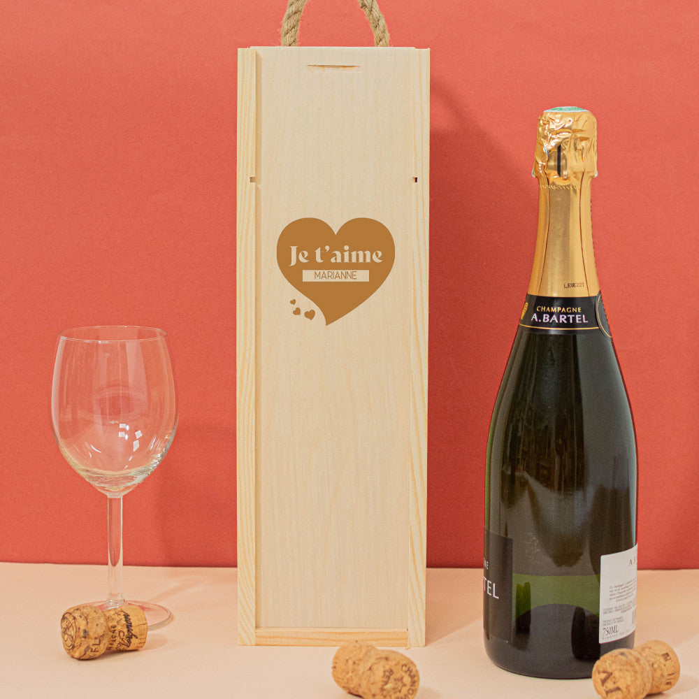 Coffret en Bois Avec Bouteille de Champagne Je t'aime à Personnaliser Champagne Mumm Cordon Rouge - Coffret de Vin Personnalisé