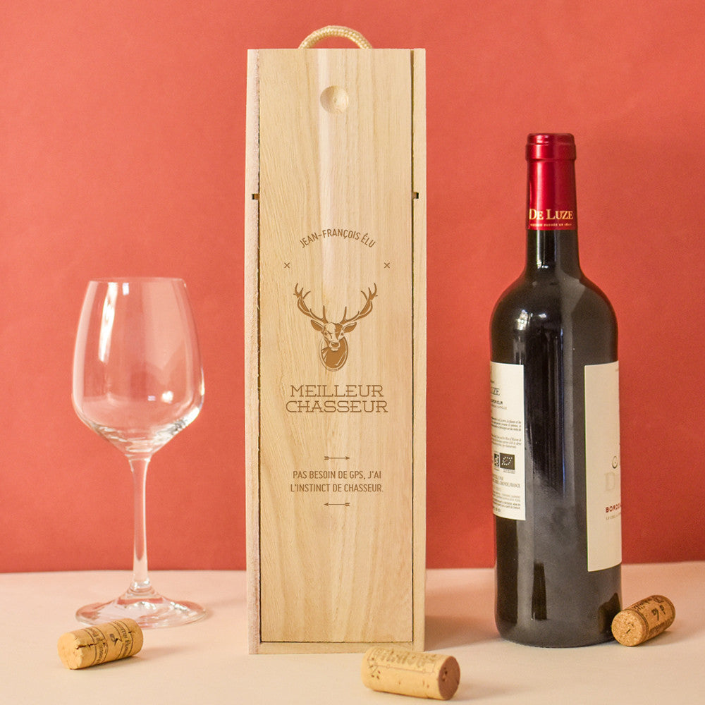 Coffret en Bois avec Bouteille de Vin Chasseur à Personnaliser Saint-Emilion AOP Rouge - Coffret de Vin Personnalisé