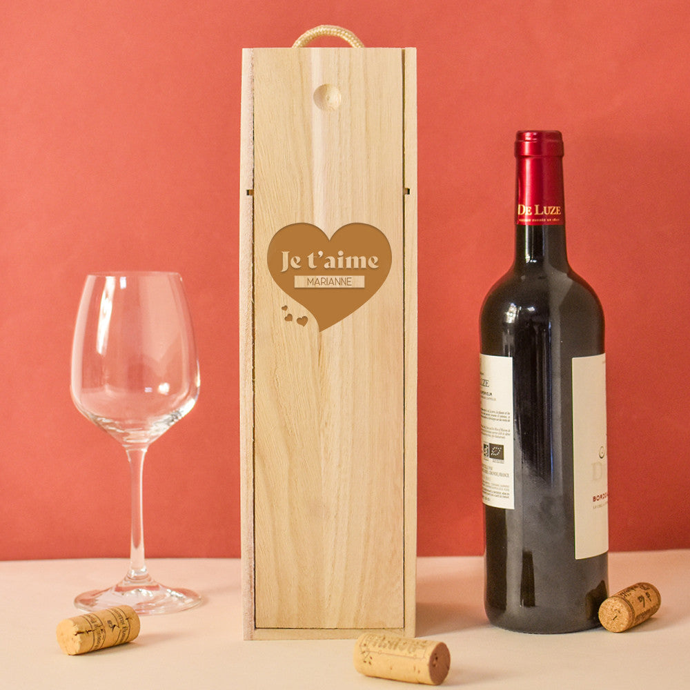 Coffret en Bois avec Bouteille de Vin Je t'aime à Personnaliser Saint-Emilion AOP Rouge - Coffret de Vin Personnalisé