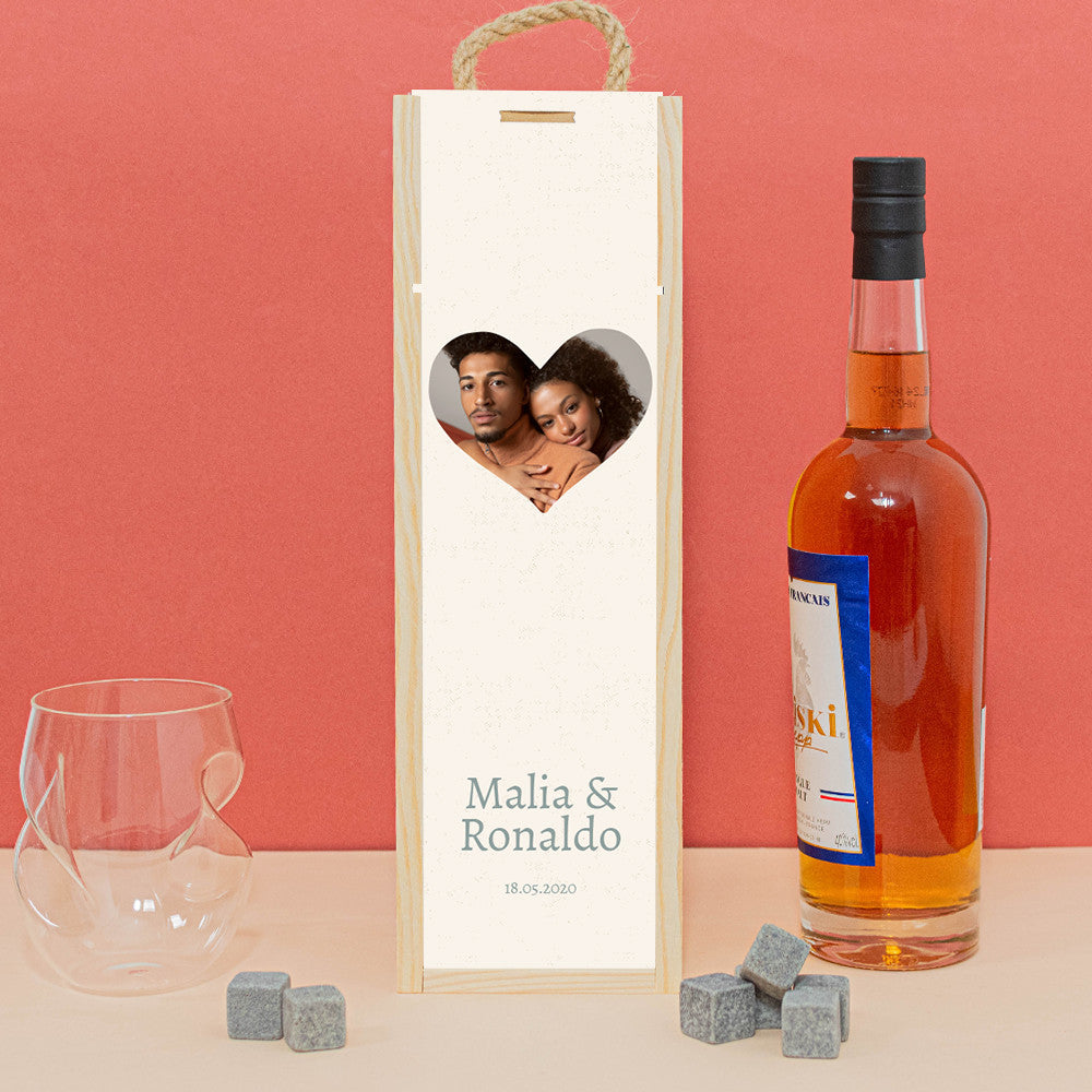 Coffret en Bois avec Bouteille de Whisky Coeur à Personnaliser Whisky Français Ouiski - Coffret Whisky Personnalisé