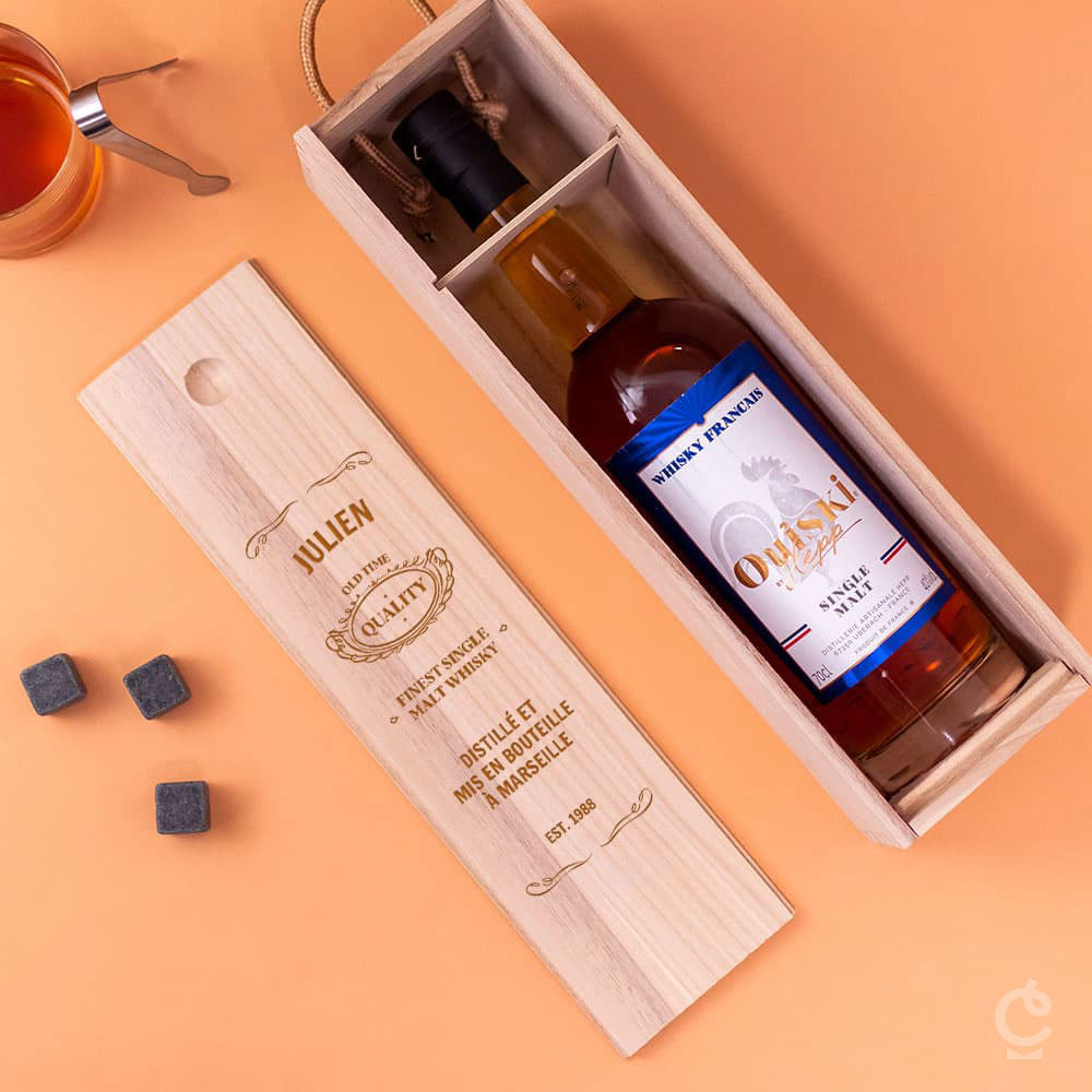 Coffret en Bois avec Bouteille de Whisky Old Time à Personnaliser Whisky Français Ouiski - Coffret Whisky Personnalisé