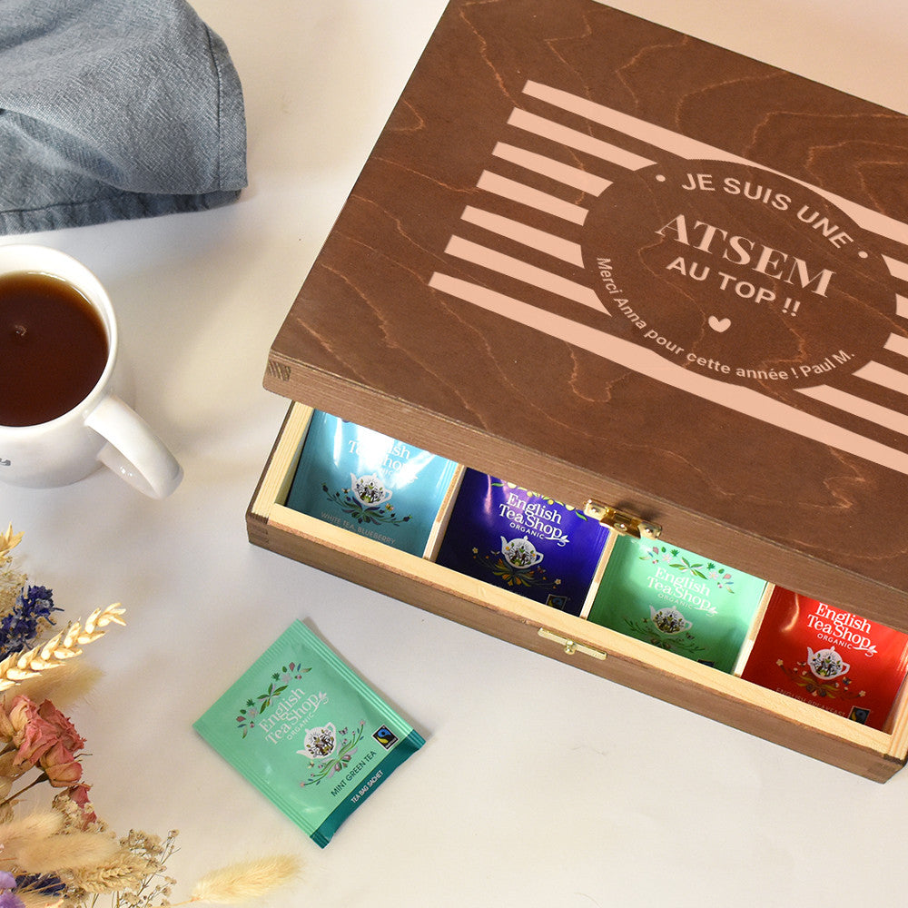 Coffret en Bois avec Thés et Infusions Bio Maître.sse en Or à Personnaliser 96 Sachets de Thés et Infusions Bio - Boîte à Thé Personnalisé