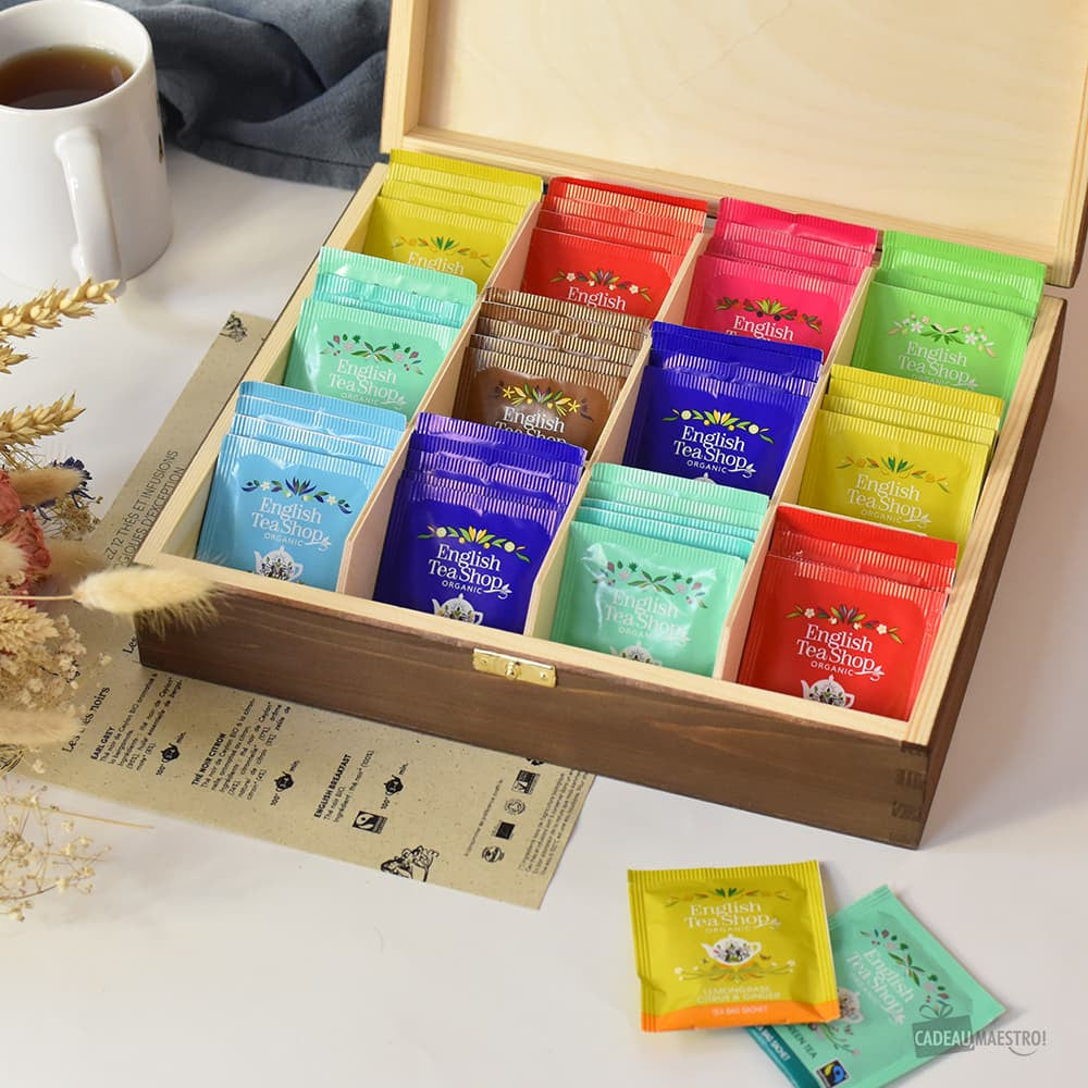 Coffret en Bois Avec Thes et Infusions Bio 96 Sachets de Thés et Infusions Bio - Boîte à Thé Personnalisée