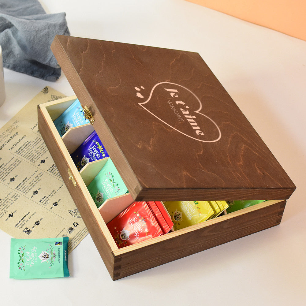 Coffret en Bois Thés et Infusions Bio Je t'aime à Personnaliser Vide - Boîte à Thé Personnalisée