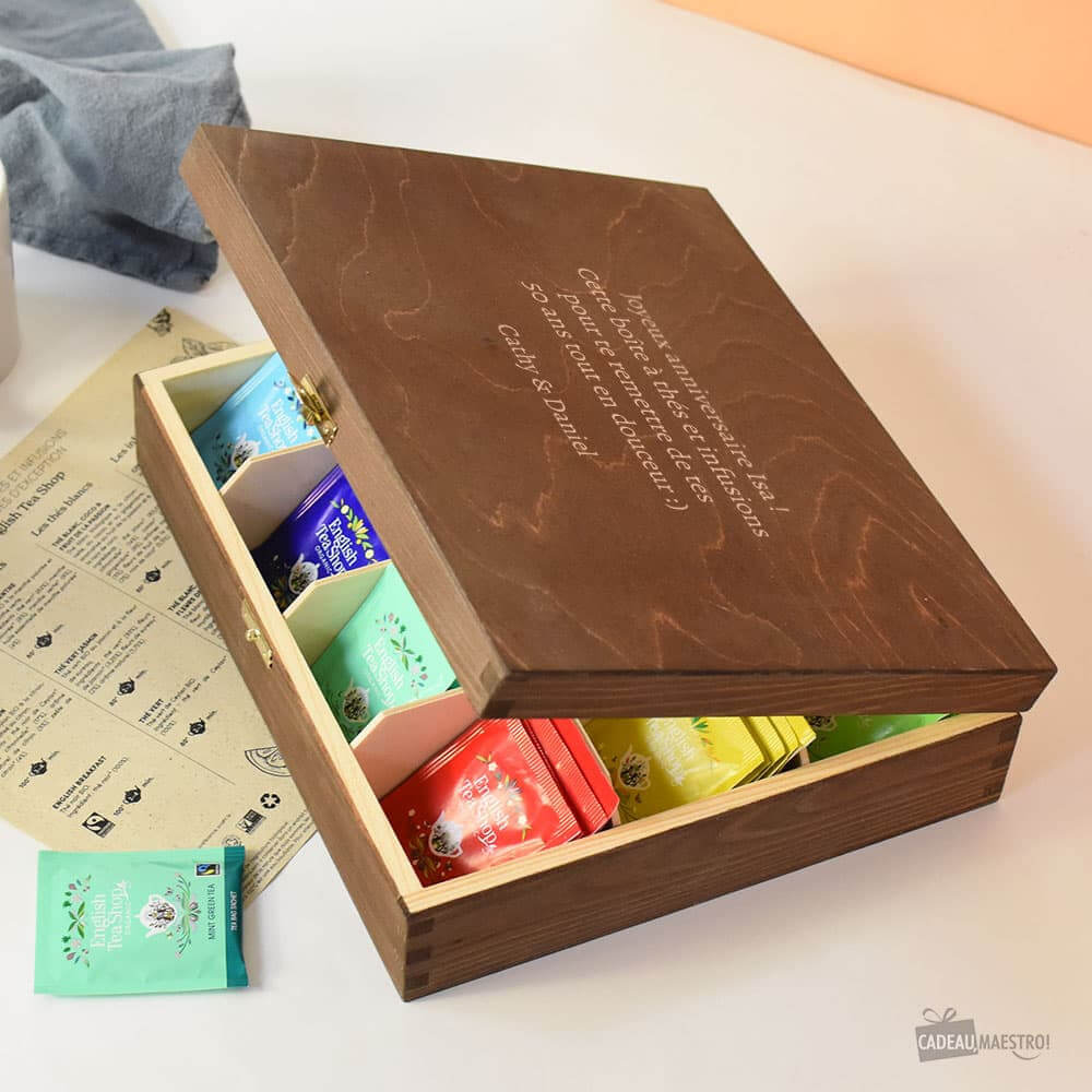 Coffret en Bois Thés et Infusions Bio à Personnaliser 60 Sachets de Thés et Infusions Bio - Boîte à Thé Personnalisée