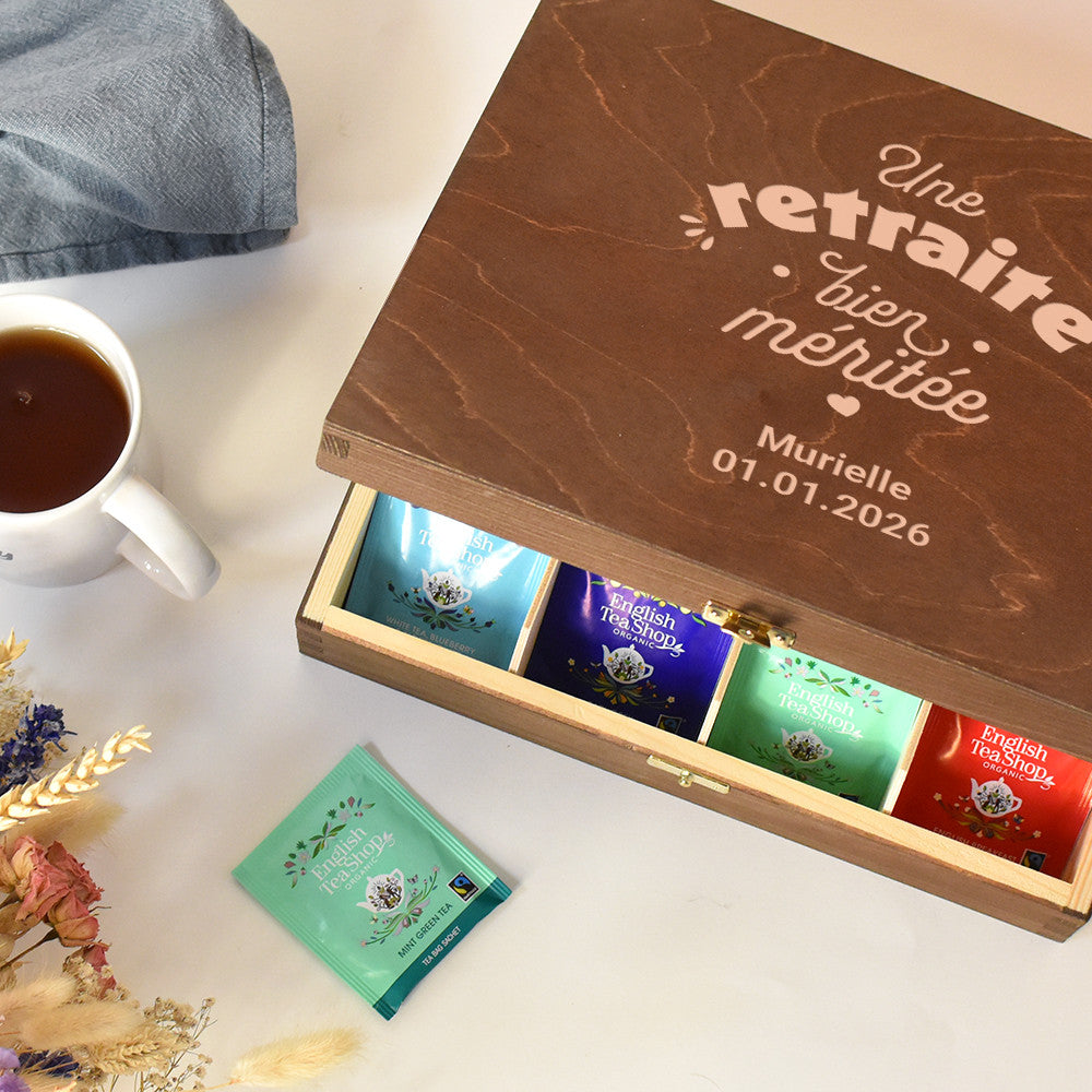 Coffret en Bois Thés et Infusions Bio Retraite à Personnaliser Vide - Boîte à Thé Personnalisée