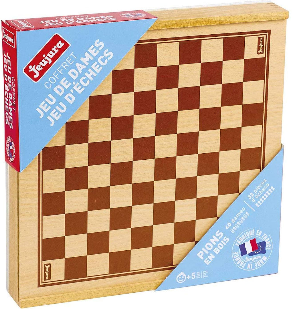 Coffret jeu de dames et d'échecs beige