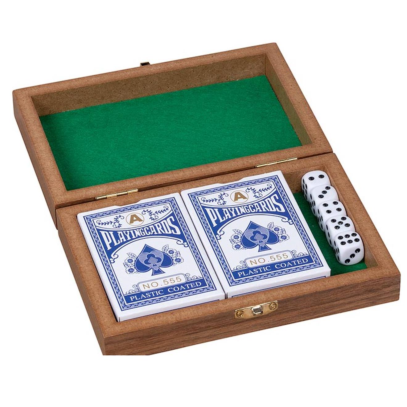Coffret jeux de cartes et de dés marron