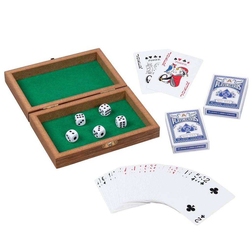 Coffret jeux de cartes et de dés marron