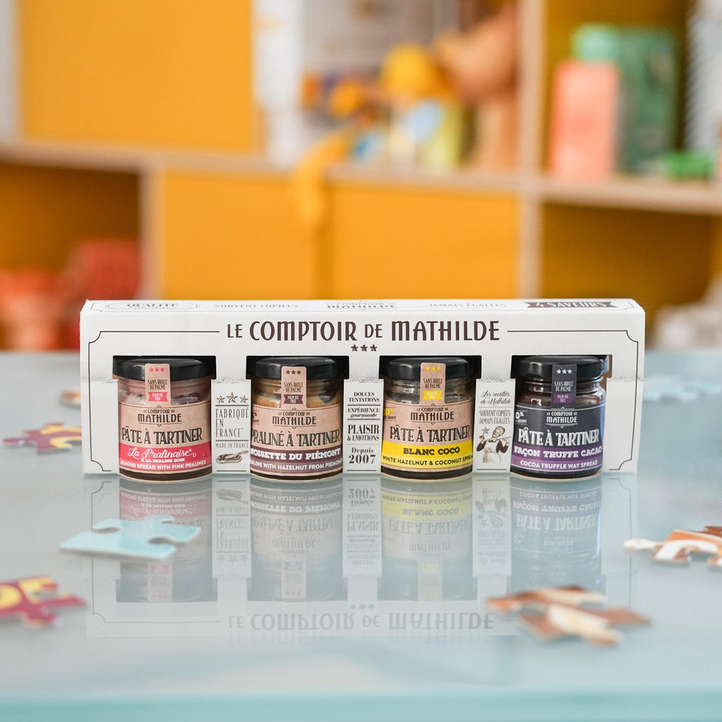 Coffret de 4 mini pâtes à tartiner gourmandes aux étiquettes colorées