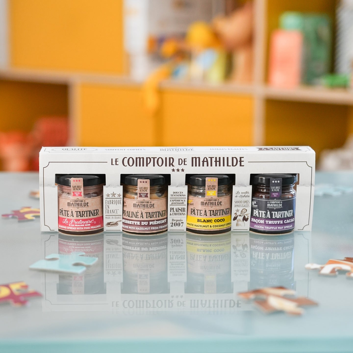 Coffret de 4 mini pâtes à tartiner gourmandes aux étiquettes colorées
