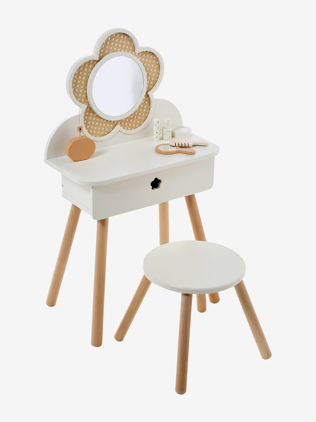 Coiffeuse cannage + accessoires en bois FSC écru