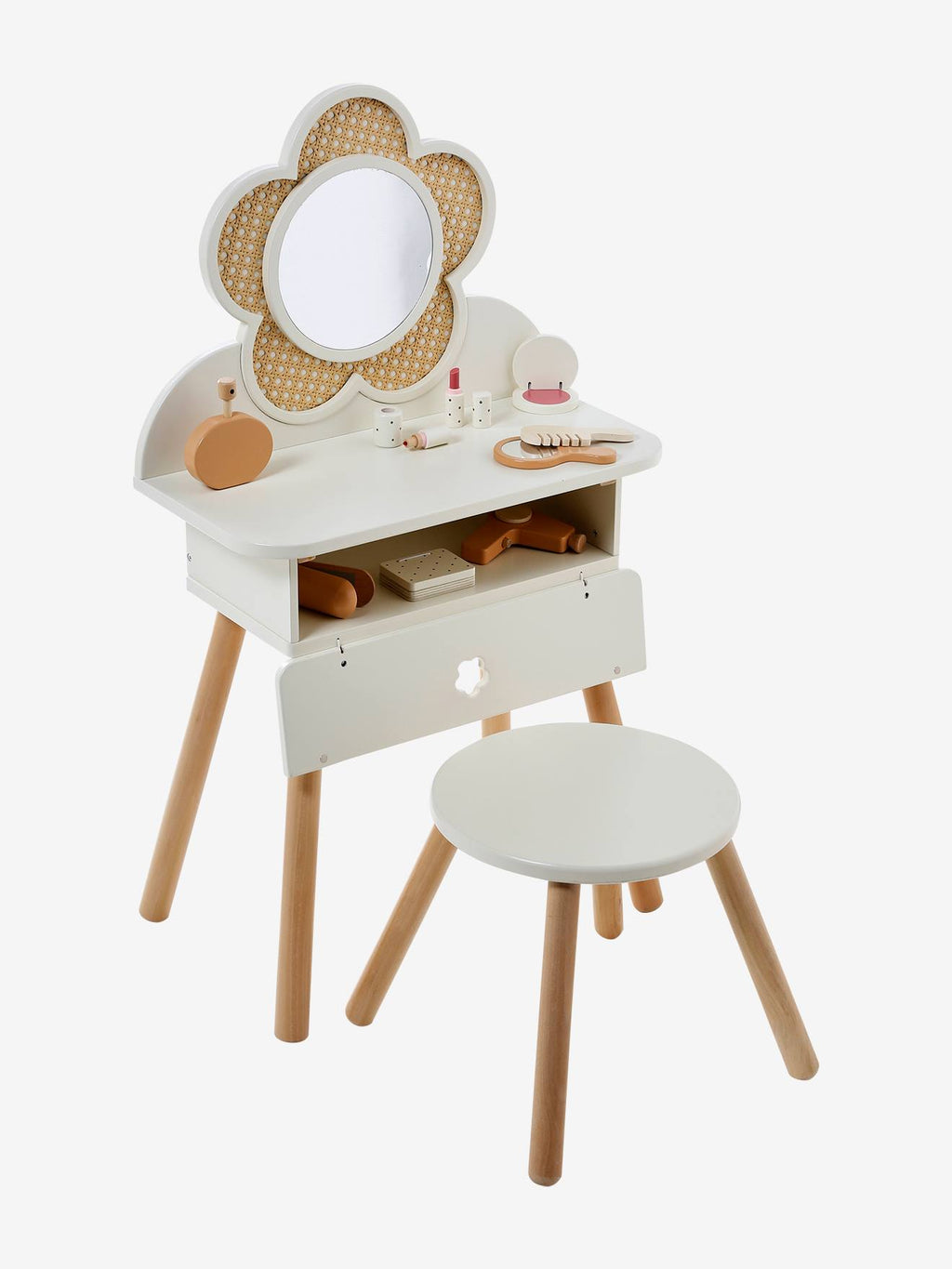 Coiffeuse cannage + accessoires en bois FSC écru