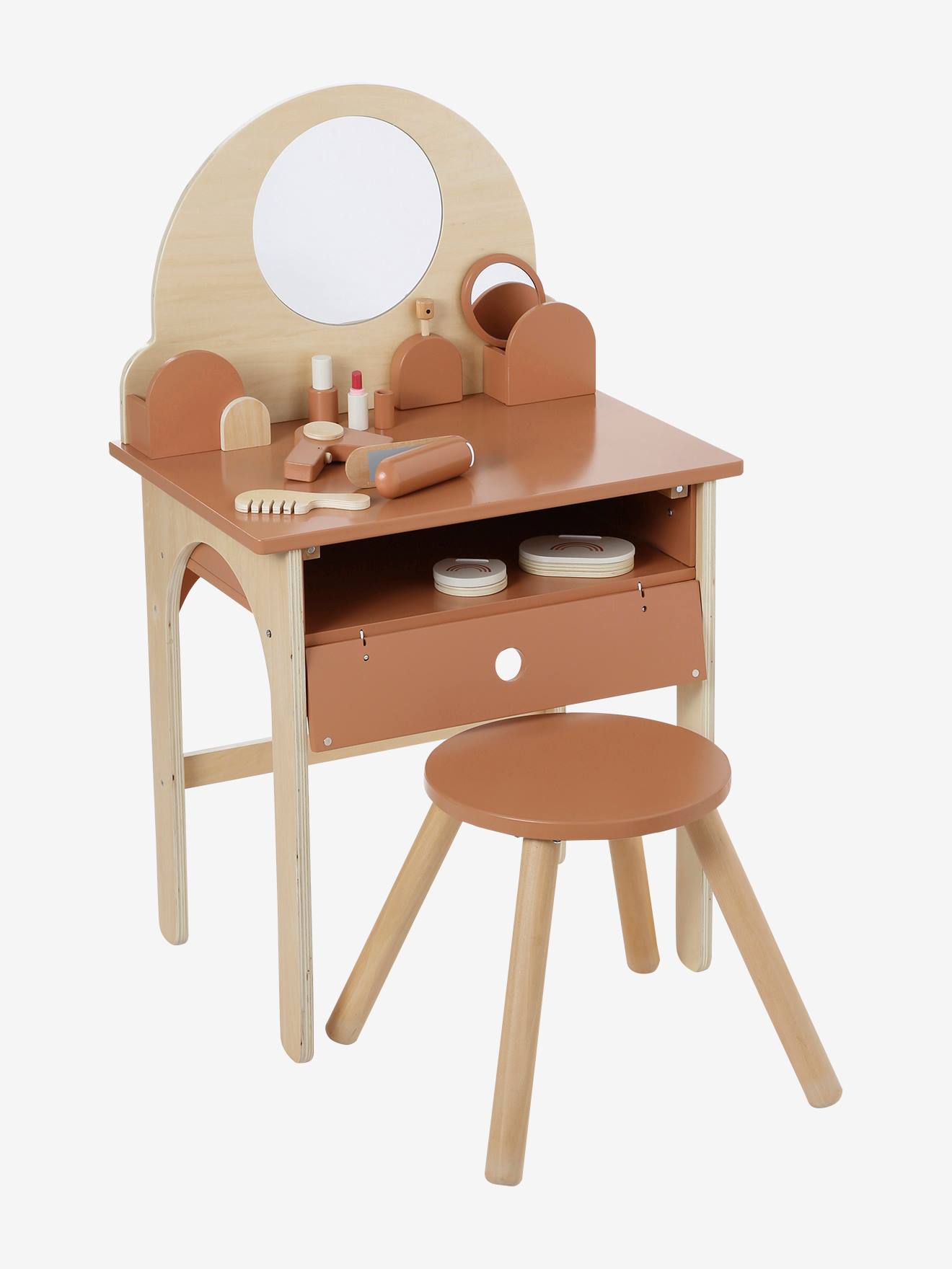 Coiffeuse + tabouret avec accessoires en bois FSC caramel
