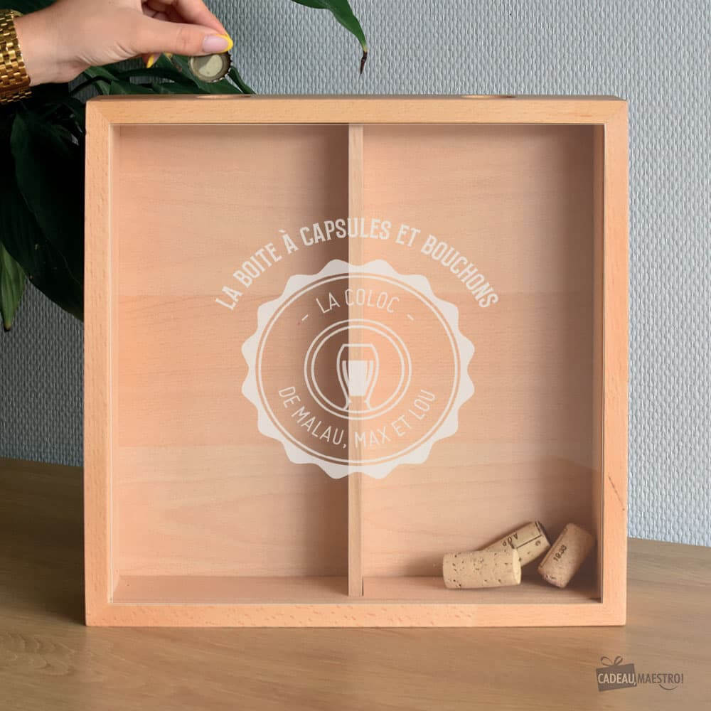Double Collecteur Hêtre "La Boîte à Capsules et Bouchons" à Personnaliser - Collecteur de Bouchons