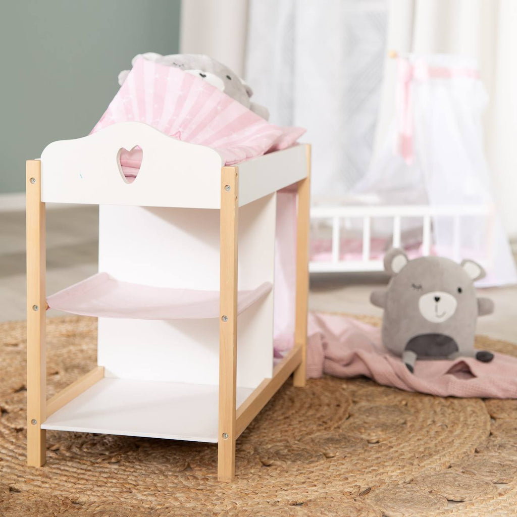 Commode à langer et lit de poupée 2en1 avec accessoires scarlett blanc / rose