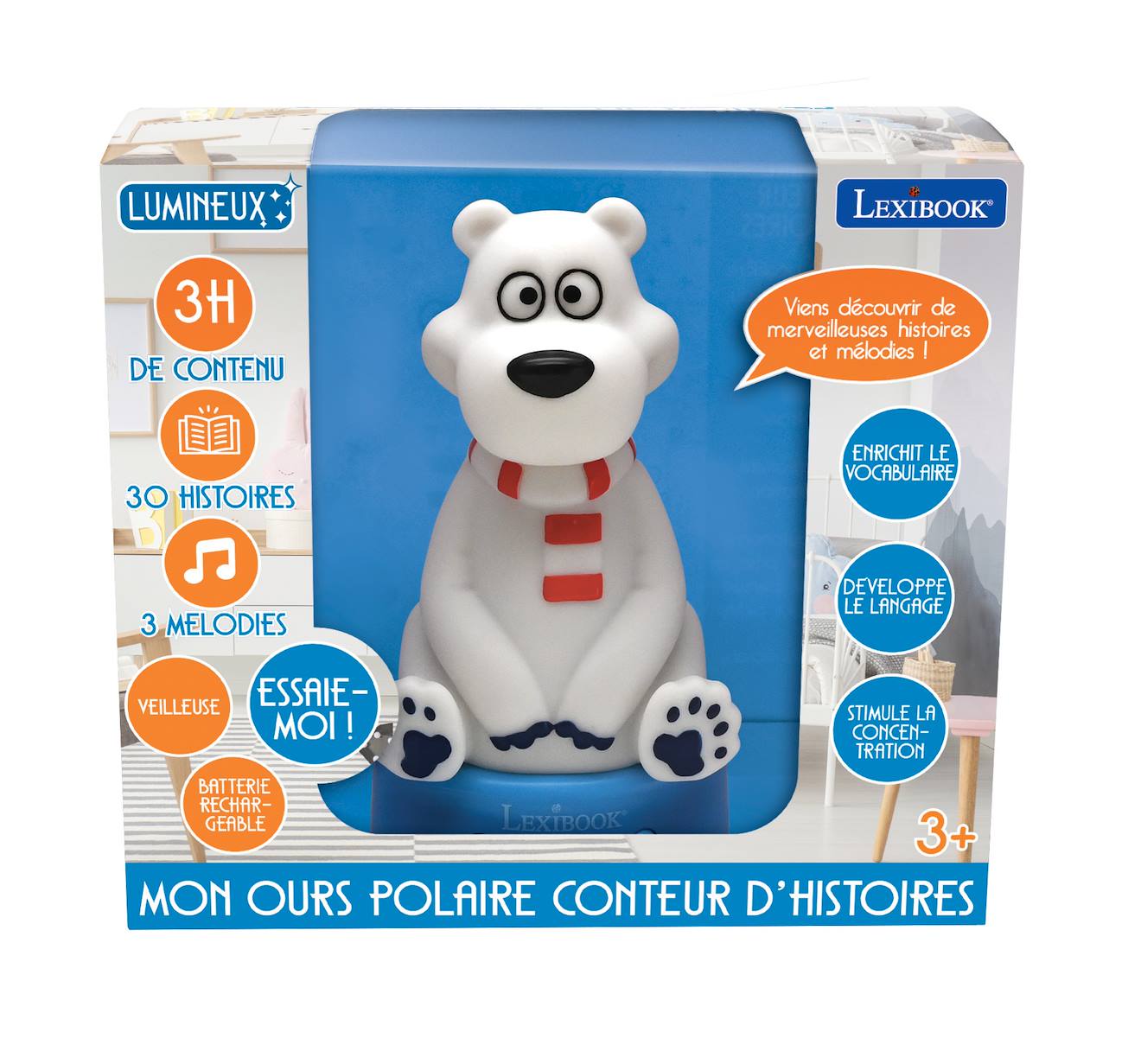 Conteur d'histoires ourson en 3D avec veilleuse (français) blanc